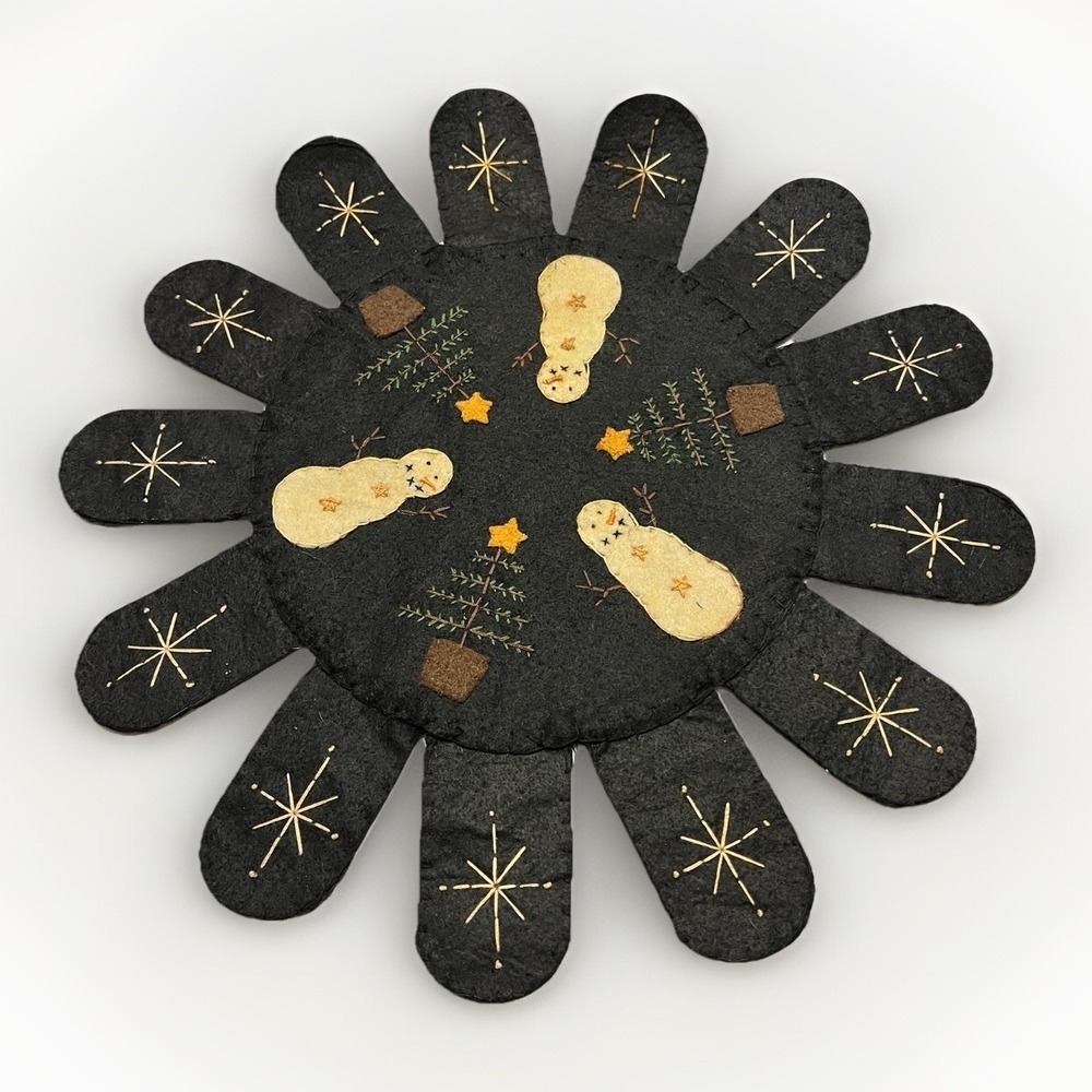 Primitive Snowflakes Snowman Christmas Tree Mat Wool Felt Scalloped 15" Set Of 2 - Picture 2 of 5